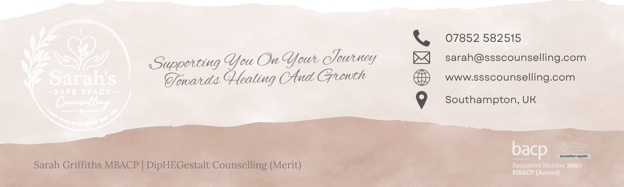 Footer Sarah's Safe Space Website Footer With Contact Information. Email: Sarah@ssscounselling.com